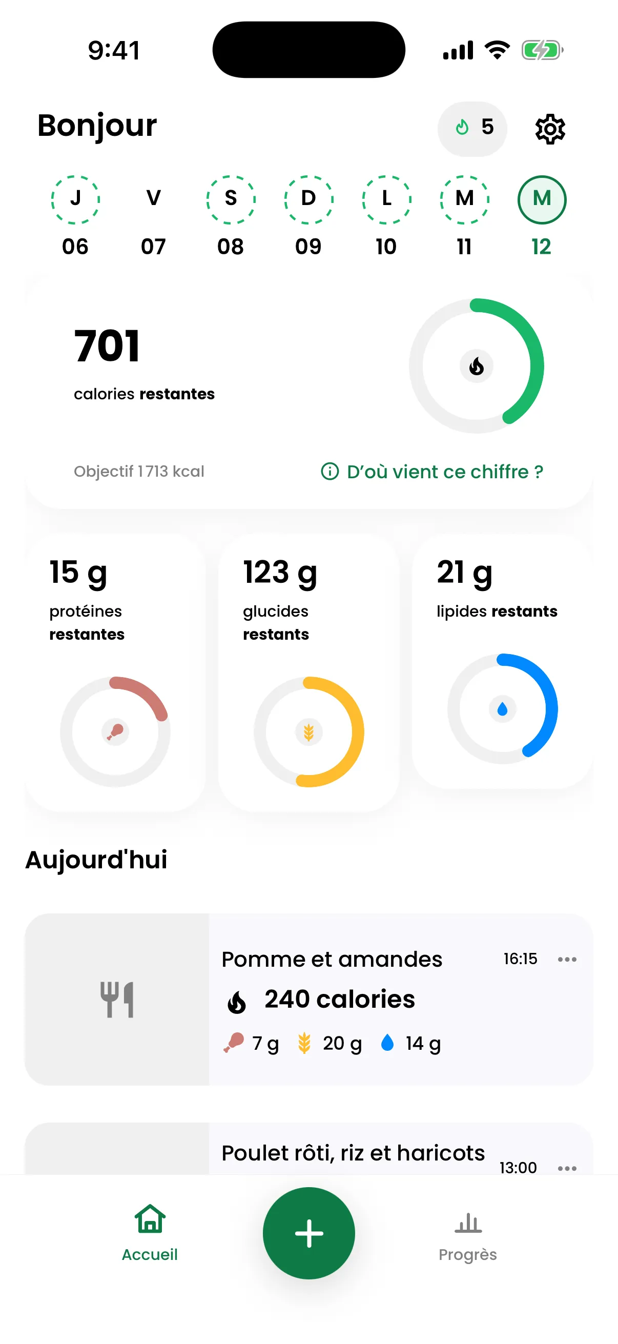 L’écran d’accueil de CalSnap : calories restantes, protéines, glucides et lipides du jour, et les repas enregistrés.