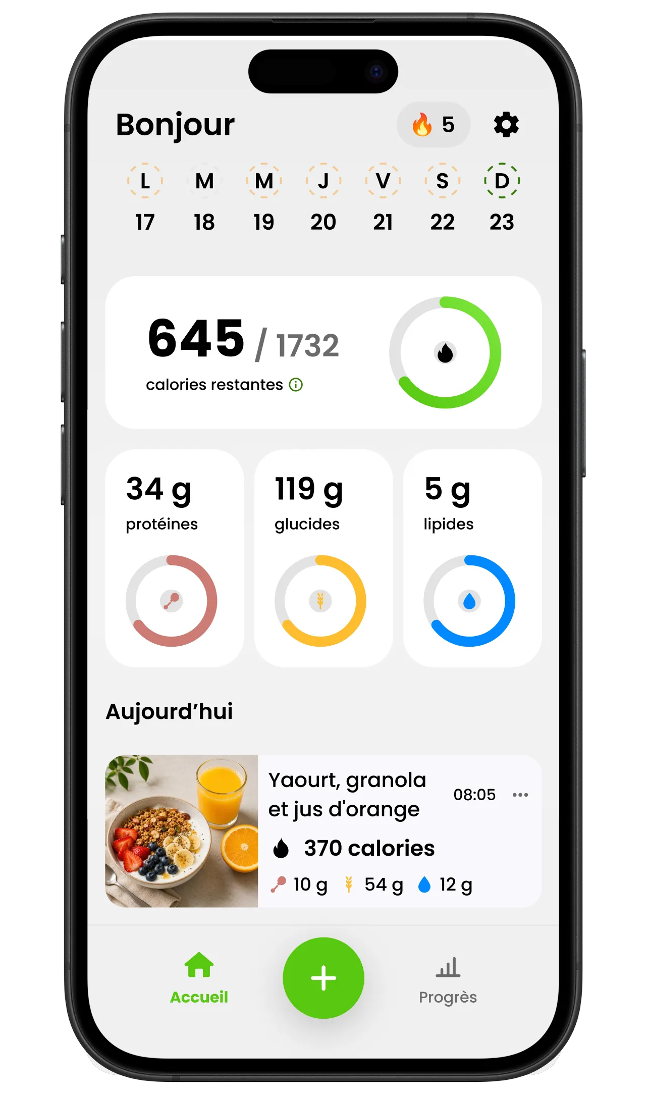 L’écran d’accueil de CalSnap : calories restantes, protéines, glucides et lipides du jour, et les repas enregistrés.