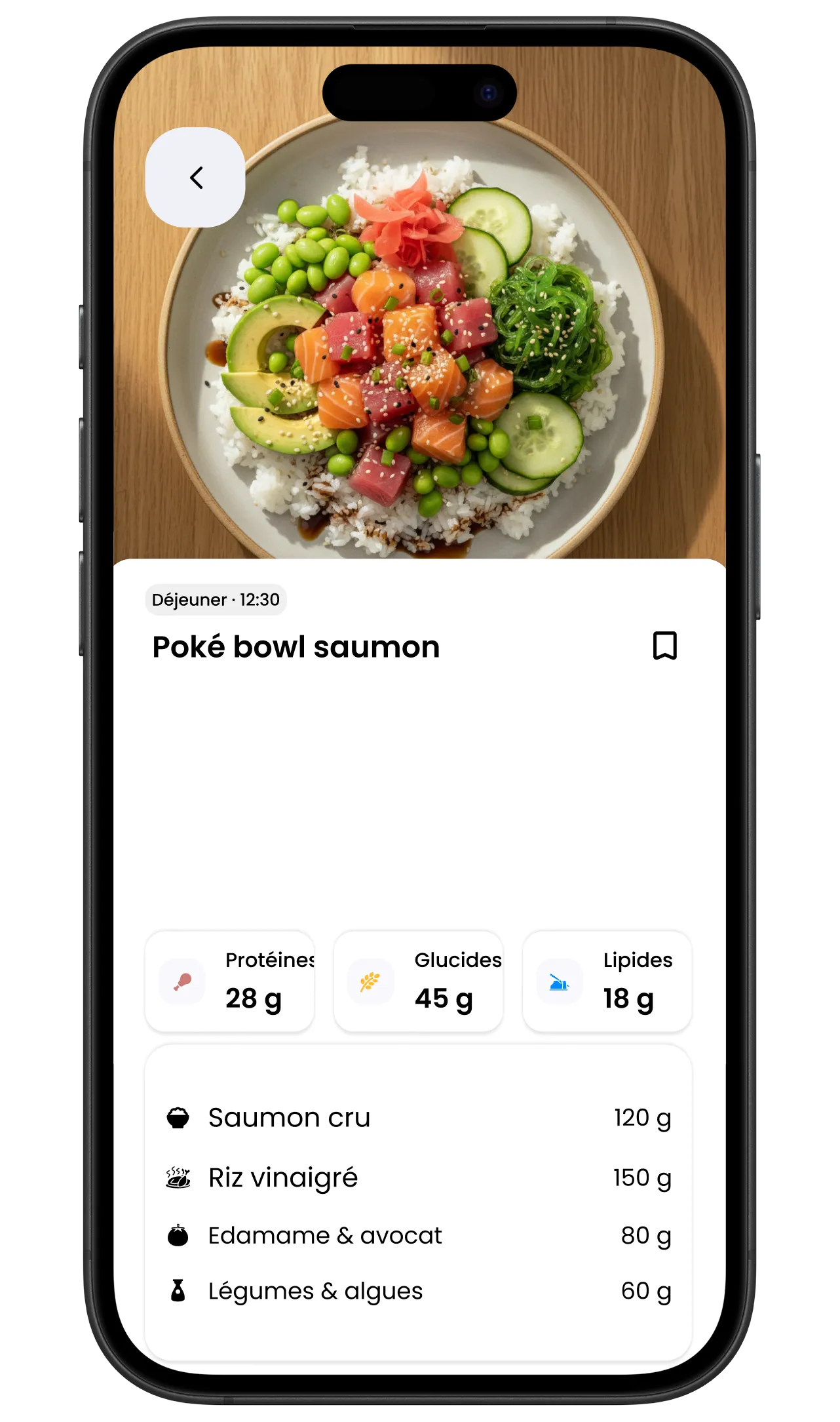 Le détail d’un repas : la photo du plat, ses protéines, glucides et lipides, et les aliments reconnus avec leur quantité.