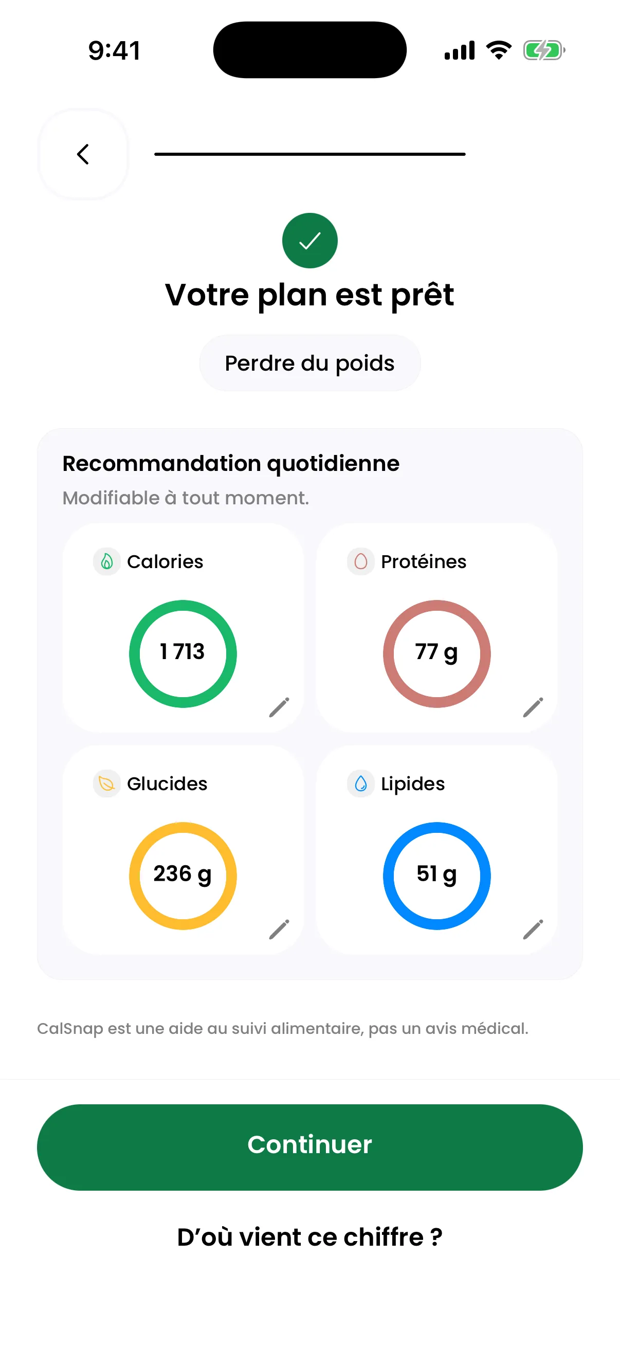 L’écran d’objectif quotidien : calories, protéines, glucides et lipides, modifiables à tout moment.